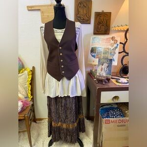 Curated Outfit Brown Boho Chic Western Midi Crinkle Velour Skirt 10P Vest + Top